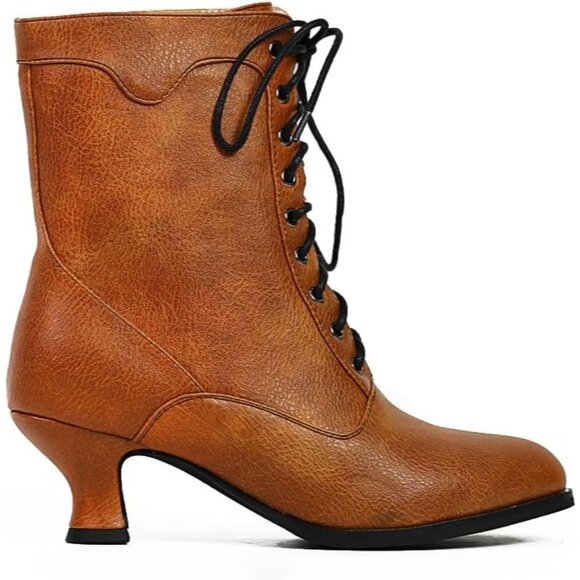 Women's Victorian Ankle Boots Mid Calf Round Toe Boots With Chunky Heel Brown - Picture 3 of 6